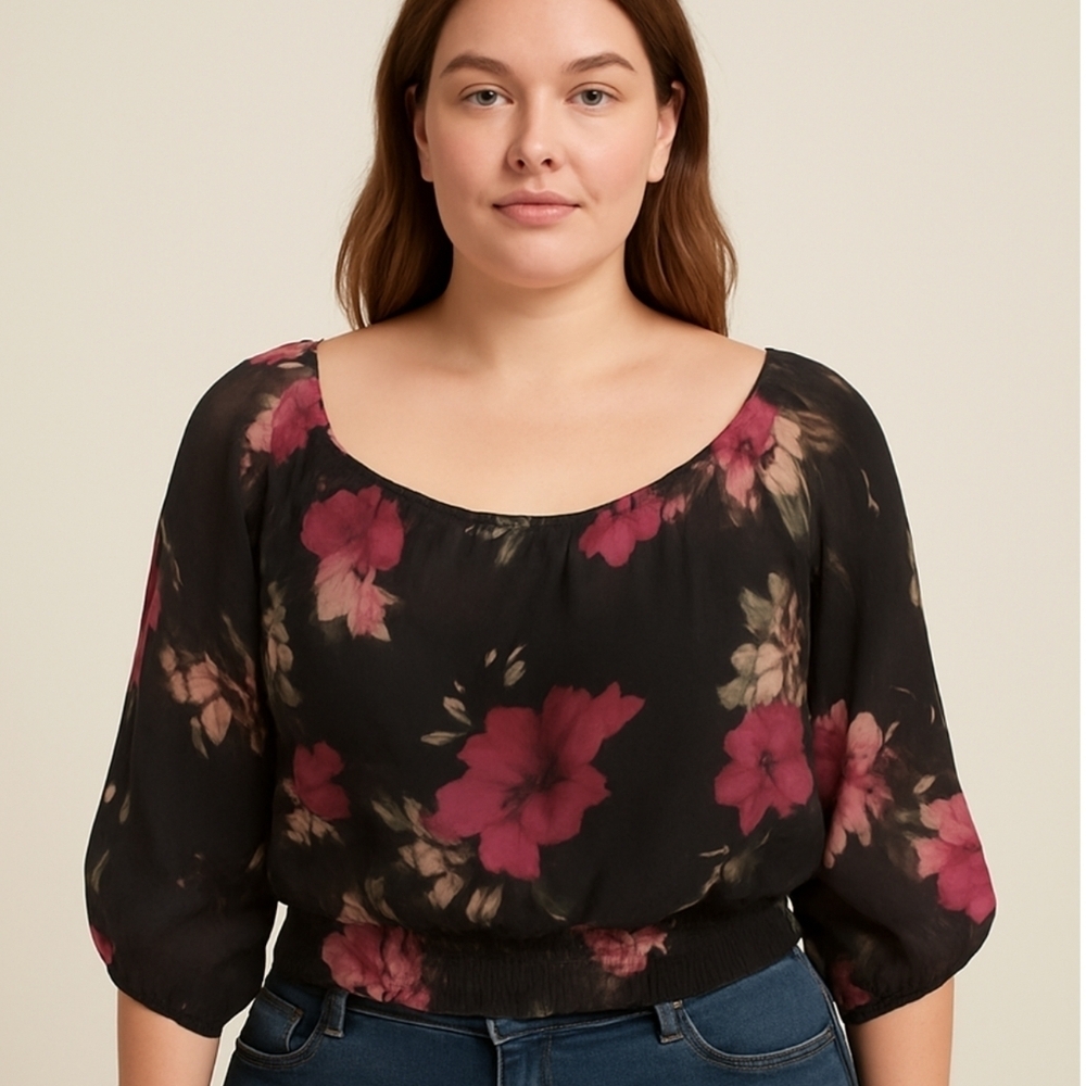 charter club petite sheer floral off shoulder smocked blouse top 12 black pink